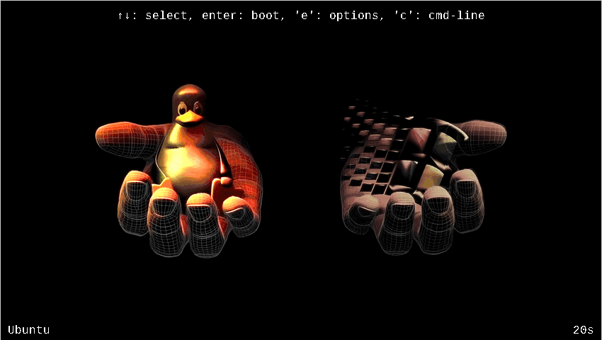 A gif showing a GRUB boot menu that has had a theme applied to it. The user can choose between a hand holding Tux, or another hand holding the Windows 3.1 logo.