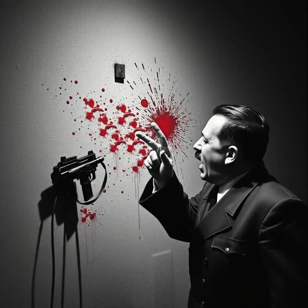 Image with seed 64579 generated via AI Horde through @aihorde@lemmy.dbzer0.com. Prompt: hitler shooting himself and splattering his brains on the wall