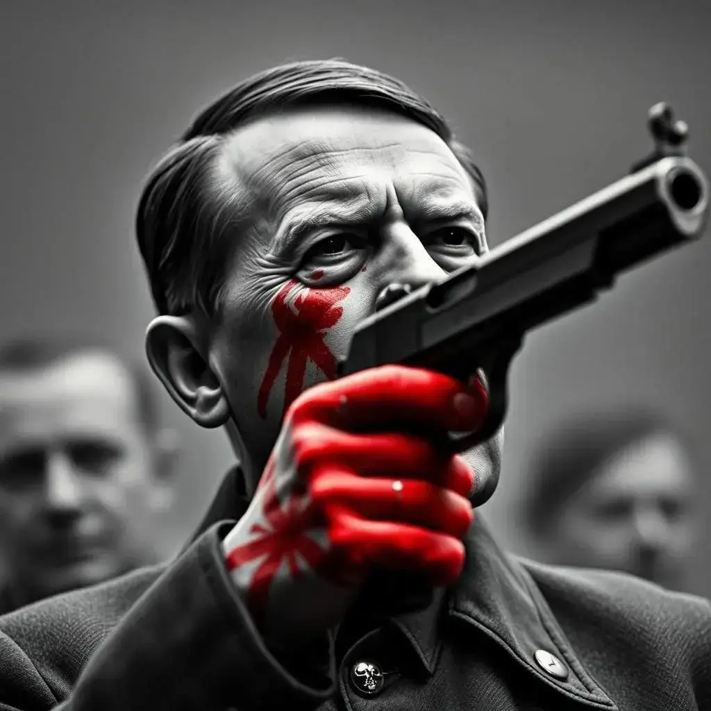 Image with seed 1996258448 generated via AI Horde through @aihorde@lemmy.dbzer0.com. Prompt: adolf hitler, suicide, gore, walther ppk, spatter